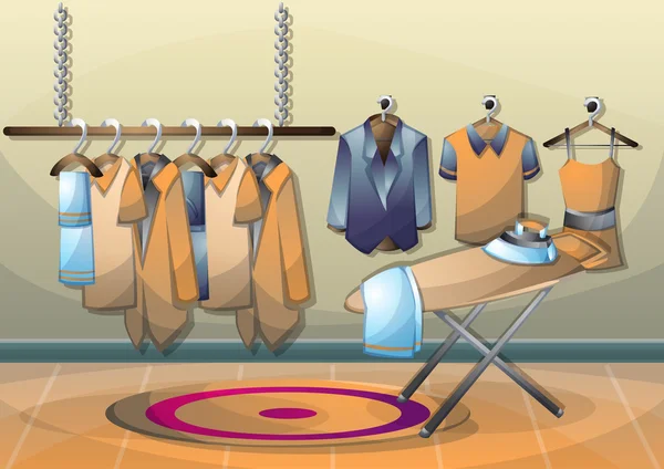 Cartoon vector illustratie interieur kamer met gescheiden lagen kleding — Stockvector