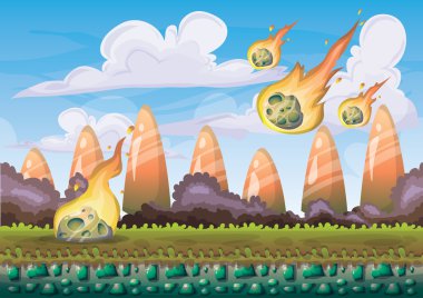 oyun sanatı ve animasyon oyunu için ayrılmış katmanları ile meteor arka plan ile karikatür vektör manzara