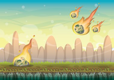 oyun sanatı ve animasyon oyunu için ayrılmış katmanları ile meteor arka plan ile karikatür vektör manzara