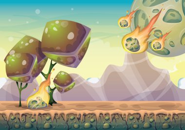 oyun sanatı ve animasyon oyunu için ayrılmış katmanları ile meteor arka plan ile karikatür vektör manzara