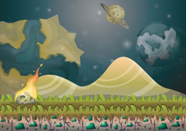oyun sanatı ve animasyon oyunu için ayrılmış katmanları ile meteor arka plan ile karikatür vektör manzara