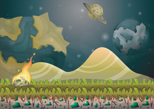cartoon vector landscape with meteor background with separated layers for game art and animation game