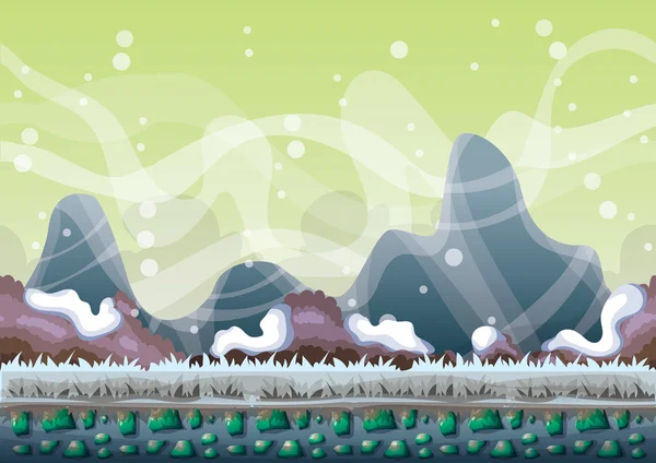 Мультяшний векторний сніговий пейзажний фон з розділеними шарами для гри та анімації — стоковий вектор
