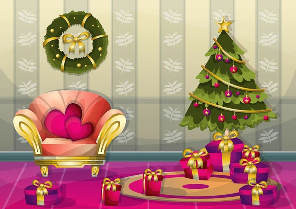 Dibujos animados vector ilustración interior habitación de Navidad con capas separadas — Vector de stock