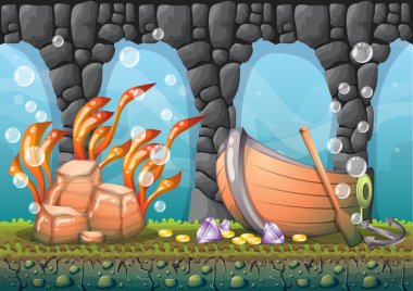 oyun sanat ve animasyon için ayrı katmanları ile karikatür vektör sualtı hazine arka plan