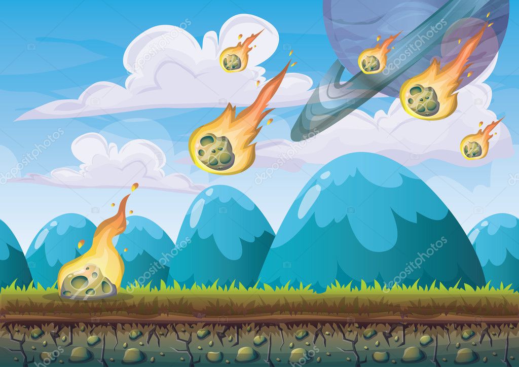 cartoon vector landscape with meteor background with separated layers for game art and animation