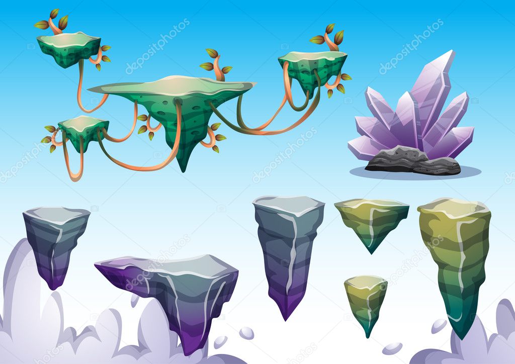 cartoon vector floating island object with separated layers for game art and animation