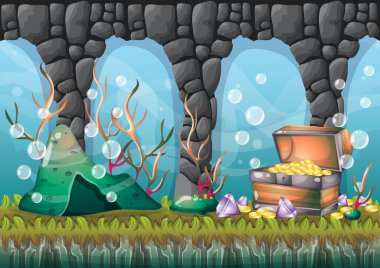 oyun sanat ve animasyon için ayrı katmanları ile karikatür vektör sualtı hazine arka plan