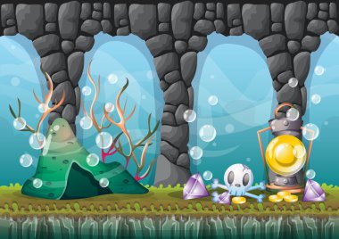 oyun sanat ve animasyon için ayrı katmanları ile karikatür vektör sualtı hazine arka plan