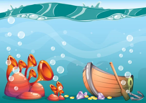 Cartoon vector underwater treasure background with separated layers for game art and animation — Stock vektor