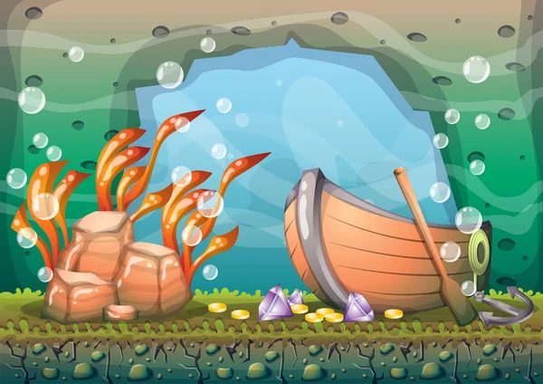 Cartoon vector underwater treasure background with separated layers for game art and animation — Stockový vektor