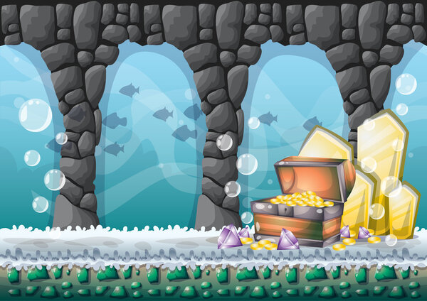 cartoon vector underwater treasure background with separated layers for game art and animation