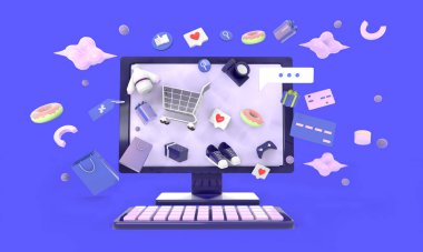 Web sitesinde ya da Mobil Uygulama illüstrasyonunda Alışveriş Çevrimiçi arka plan, 3D