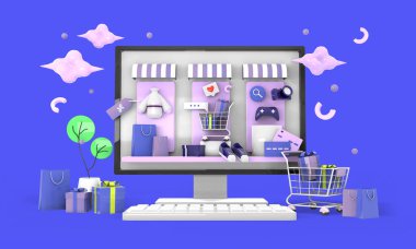 Web sitesinde ya da Mobil Uygulama illüstrasyonunda Alışveriş Çevrimiçi arka plan, 3D