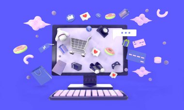 Web sitesinde ya da Mobil Uygulama illüstrasyonunda Alışveriş Çevrimiçi arka plan, 3D