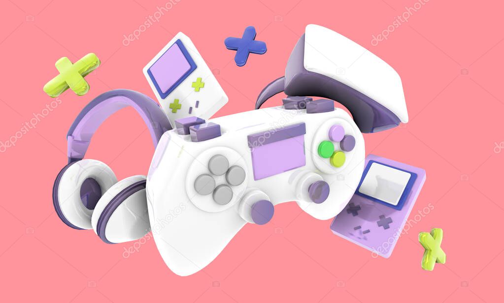 Colorful Video game controller, headphones and game console background illustration, render, 3D