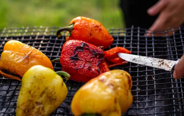 Legume delicioso na grelha. Pimentos vermelhos e amarelos — Fotografia de Stock