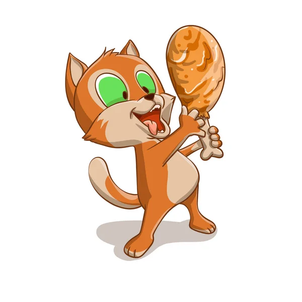 Gato Dos Desenhos Animados Comendo Uma Perna Frango — Fotografia de Stock
