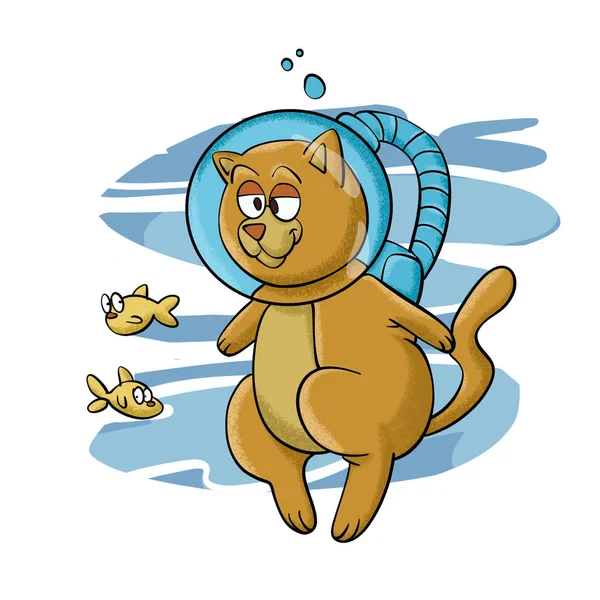 Cat Potápění Kreslený Obrázek — Stock fotografie