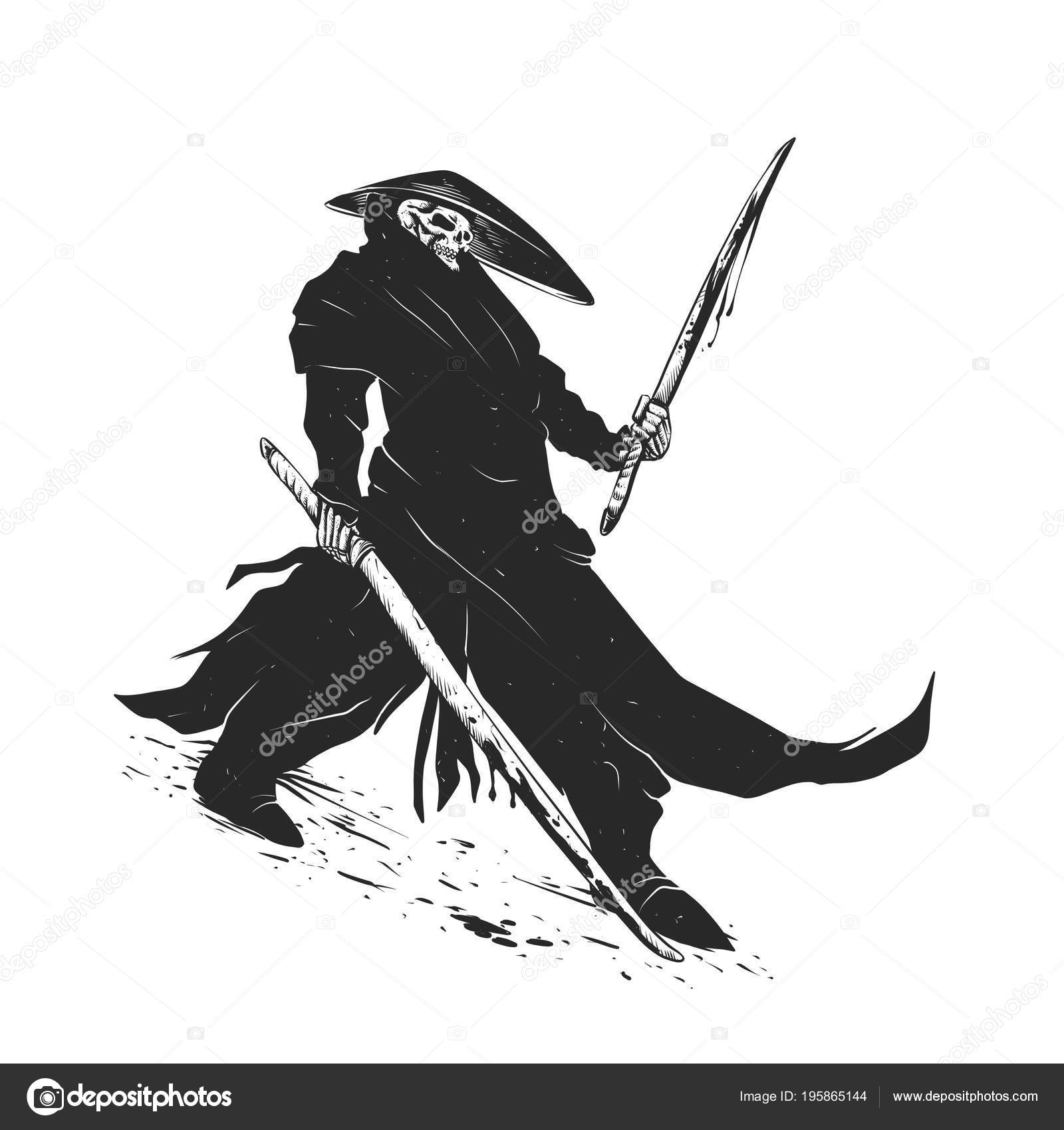 Samurai Skull Japanese Evil Black White Fighter Illustration Grim Reaper Stock Photo By C Milesthone