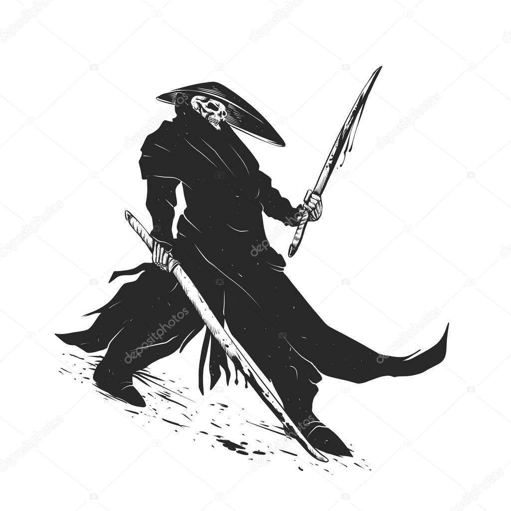 Samurai skull - japanese evil - black and white - fighter illustration - grim reaper cartoon 