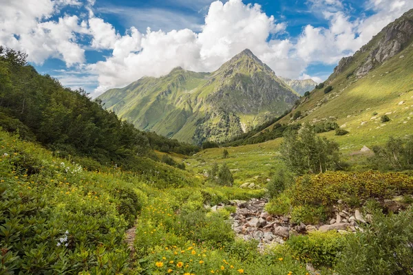 Rusko, Kavkaz. Pohled do údolí potůčku, hory a obloha s mraky. — Stock fotografie