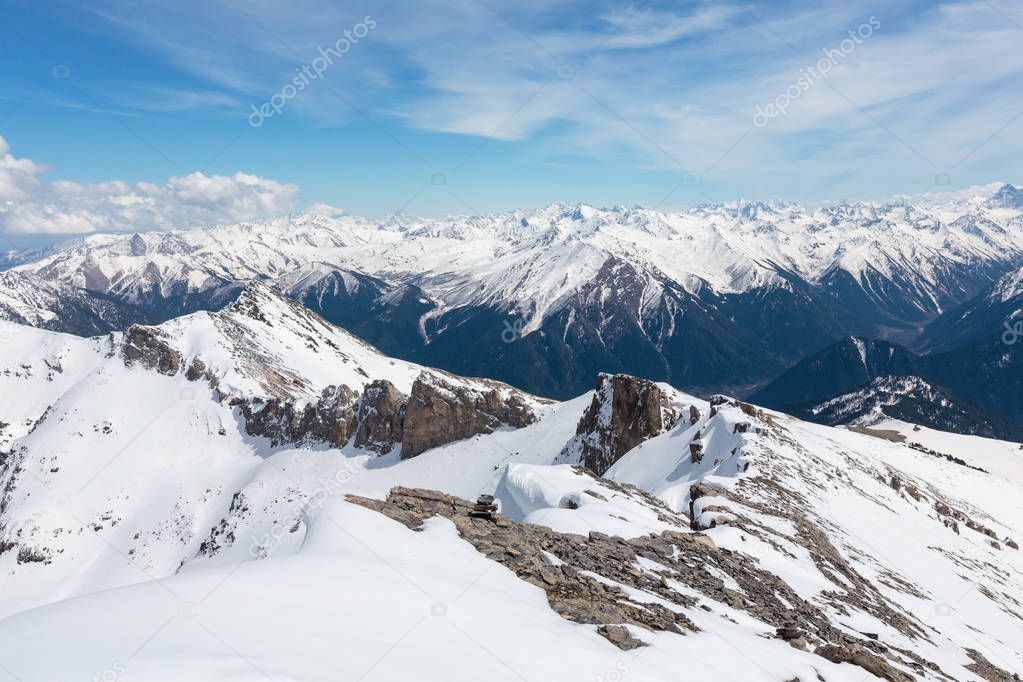 Russia, Caucasus, Karachay-Cherkessia, Arkhyz. Snow-covered rocks and ridges.