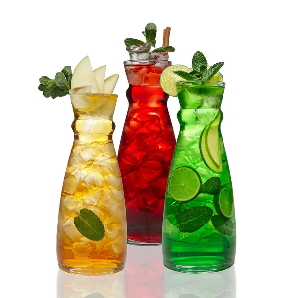 Three jar with icy drinks - apple, cherry and lemon on white bac — Stock Photo, Image