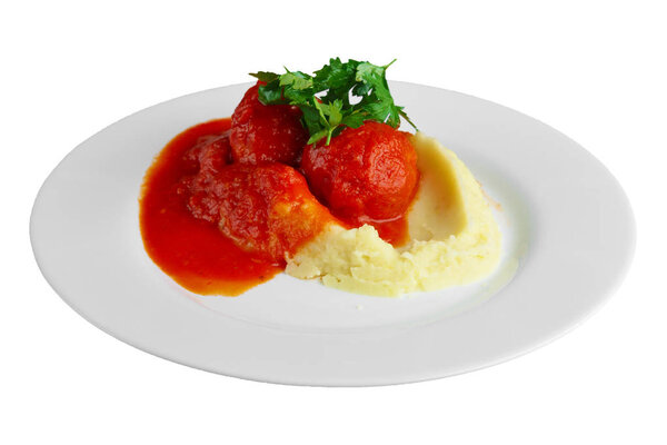 Fish meatballs with mashed potato and tomato sauce isolated on w