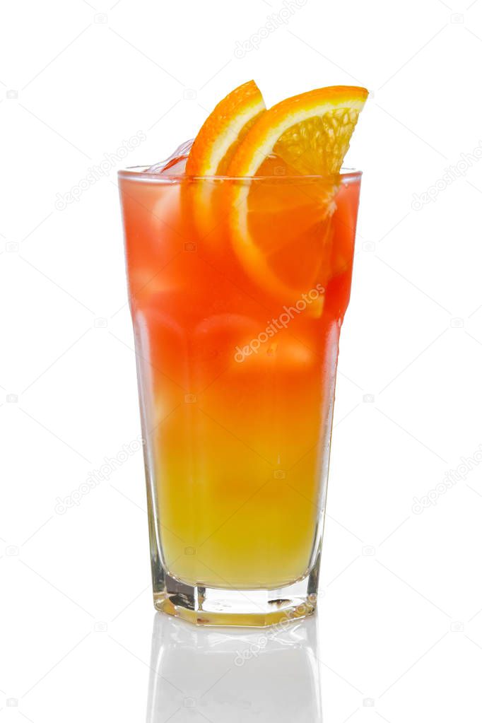 Orange alcohol cocktail with fruit slices isolated on white