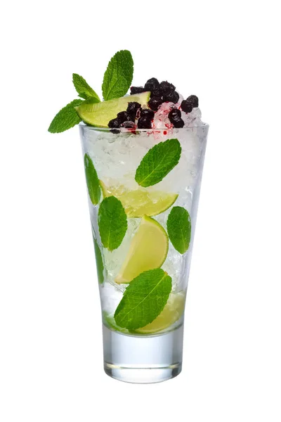 Black currant ice cocktail with lime and mint isolated on white — Stock Photo, Image