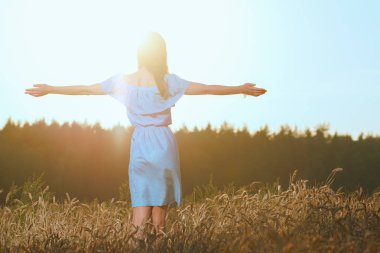 Gün batımında buğday alanında güzel genç bayan. Güneşli akşam zevk rahat mavi elbiseli kız