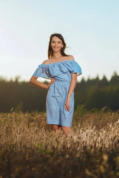 Schöne junge Frau im Weizenfeld bei Sonnenuntergang. Mädchen in lässigem blauem Kleid genießt sonnigen Abend — Stockfoto