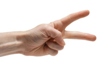 İki parmak üzerinde beyaz izole insan eliyle