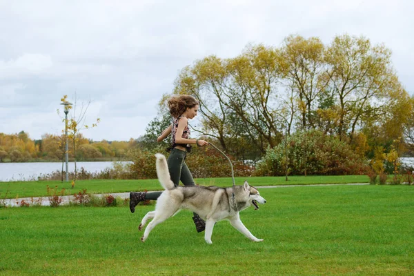 Şehir Parkı husky köpek ile oynayan kız. Köpek ile jogging.