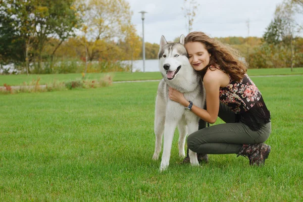 Şehir Parkı husky köpek ile oynayan kız. Köpek eğitim.