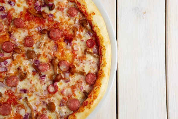 Top view of pizza with sausage and honey agaric — Stock Photo, Image