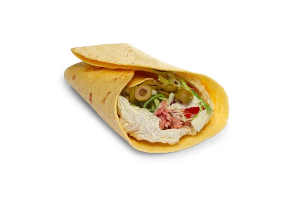 Layout for menu. Pita bread stuffed with beef, cabbage, shallot, tomato, bell pepper, olives with sauce — Stock Photo, Image