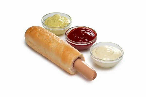 Elrendezés menü. Hot dog szendvics, mártás, ketchup és mustár — Stock Fotó