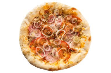 Küçük boy pizza peyniri yan, jambon, domates ve soğan ile