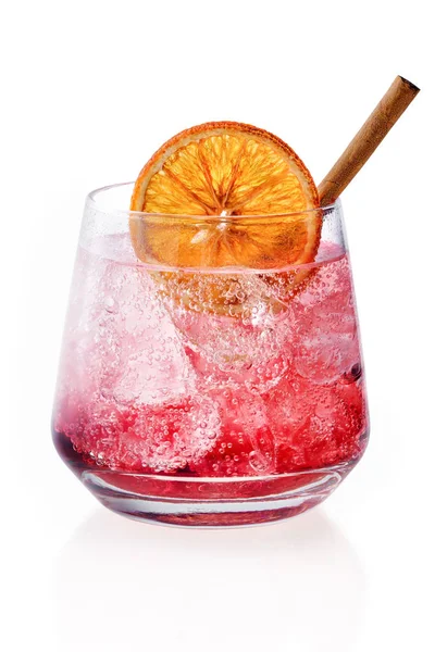 Glass of spicy tonic with ice and strawberry syrup isolated on white — 스톡 사진