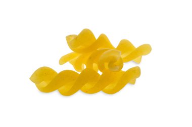 Fusilli - tirbuşona dönüşmüş makarna ya da beyaz üzerinde izole edilmiş sarmal şekiller