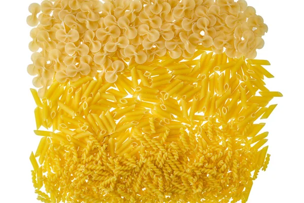 Overhead-Ansicht der verschiedenen Arten von Pasta isoliert auf weiß — Stockfoto