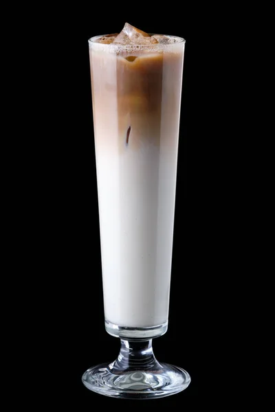 Tall narrow glass with iced coffee isolated on black — 스톡 사진