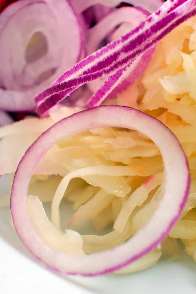 Macro photo of beetroot, pickled cabbage and mushrooms — Stockfoto