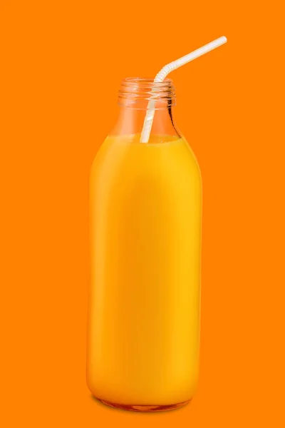 Petite Bouteille Jus Orange Avec Paille — Photo