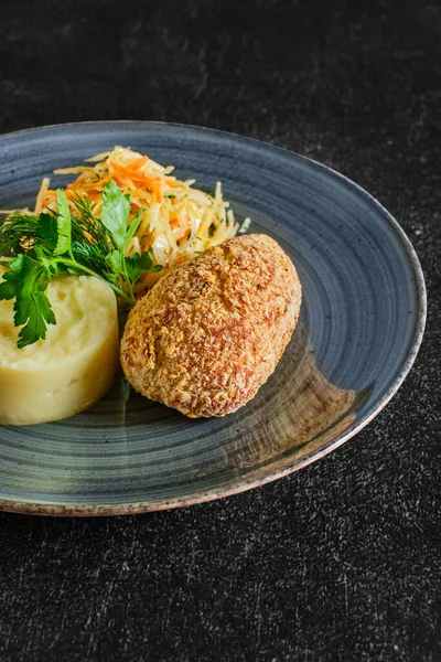Traditional Kiev Cutlet Mashed Potato Pickled Cabbage — Stock Photo, Image