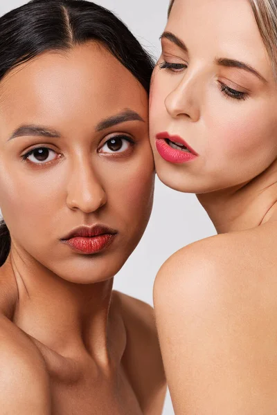 Close Portrait Beautiful African Caucasian Girls Perfect Skin — Stok Foto