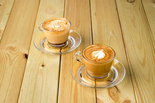 Cappuccino Transparent Glass Cup Wooden Table — Stock Photo, Image