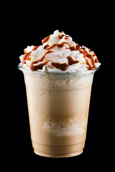 Caramel Milkshake Take Away Cup Isolated Black Background — Stock Photo, Image